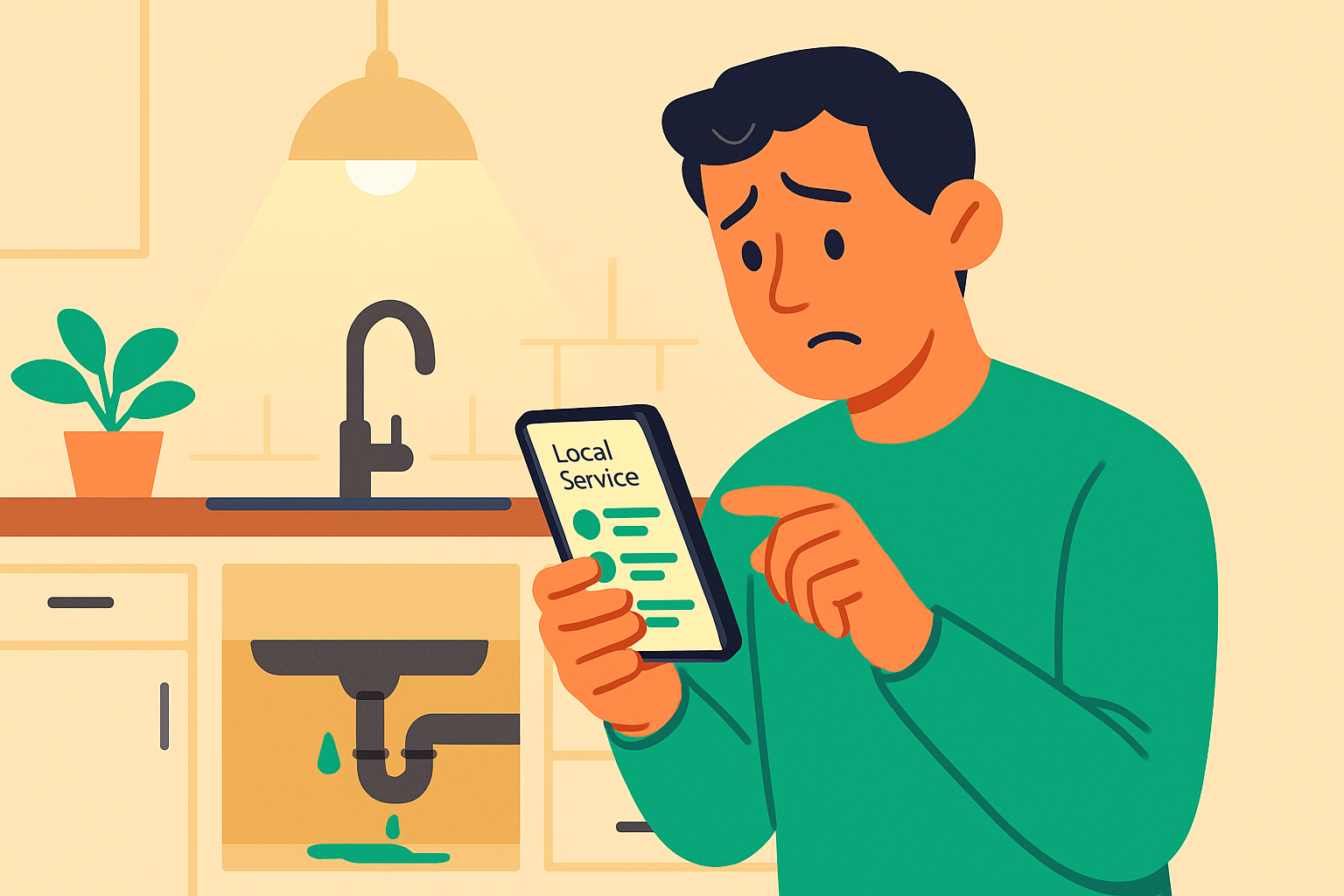 Homeowner searching for a local home service company on a phone during an emergency