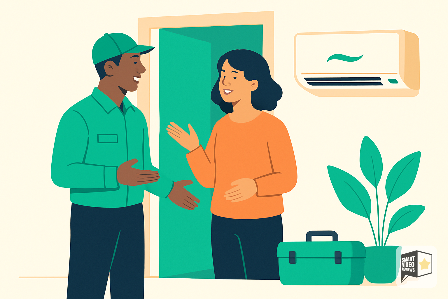 HVAC technician chatting with a satisfied homeowner after completing a service call
