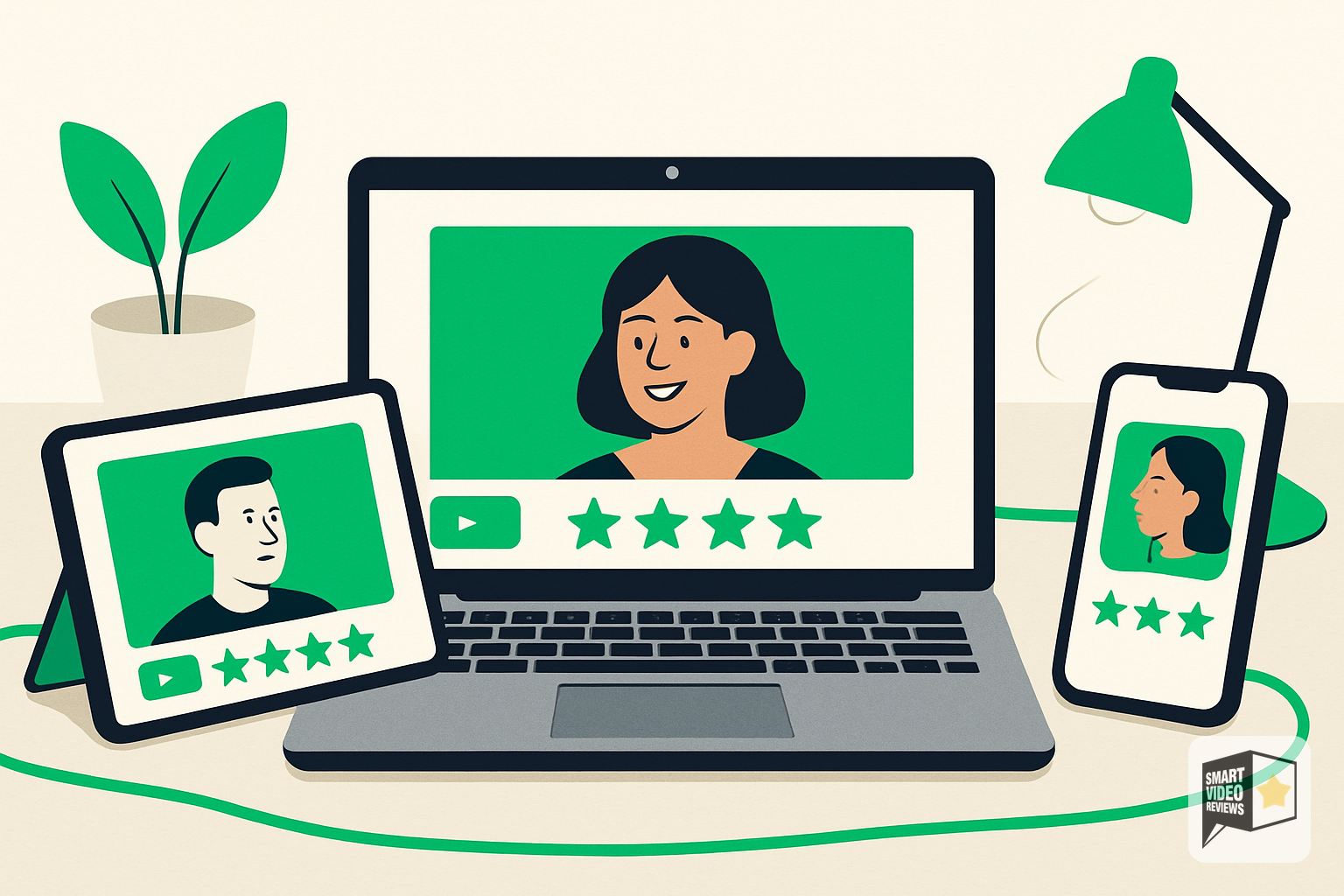 Multiple devices showing review videos on website, email, and social channels