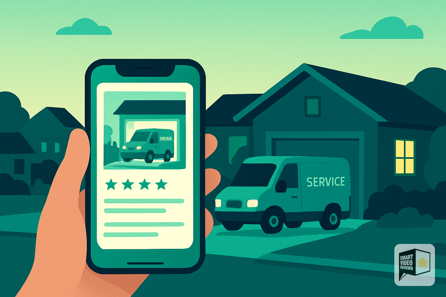 Smartphone showing a local business profile beside a parked service truck in a neighborhood