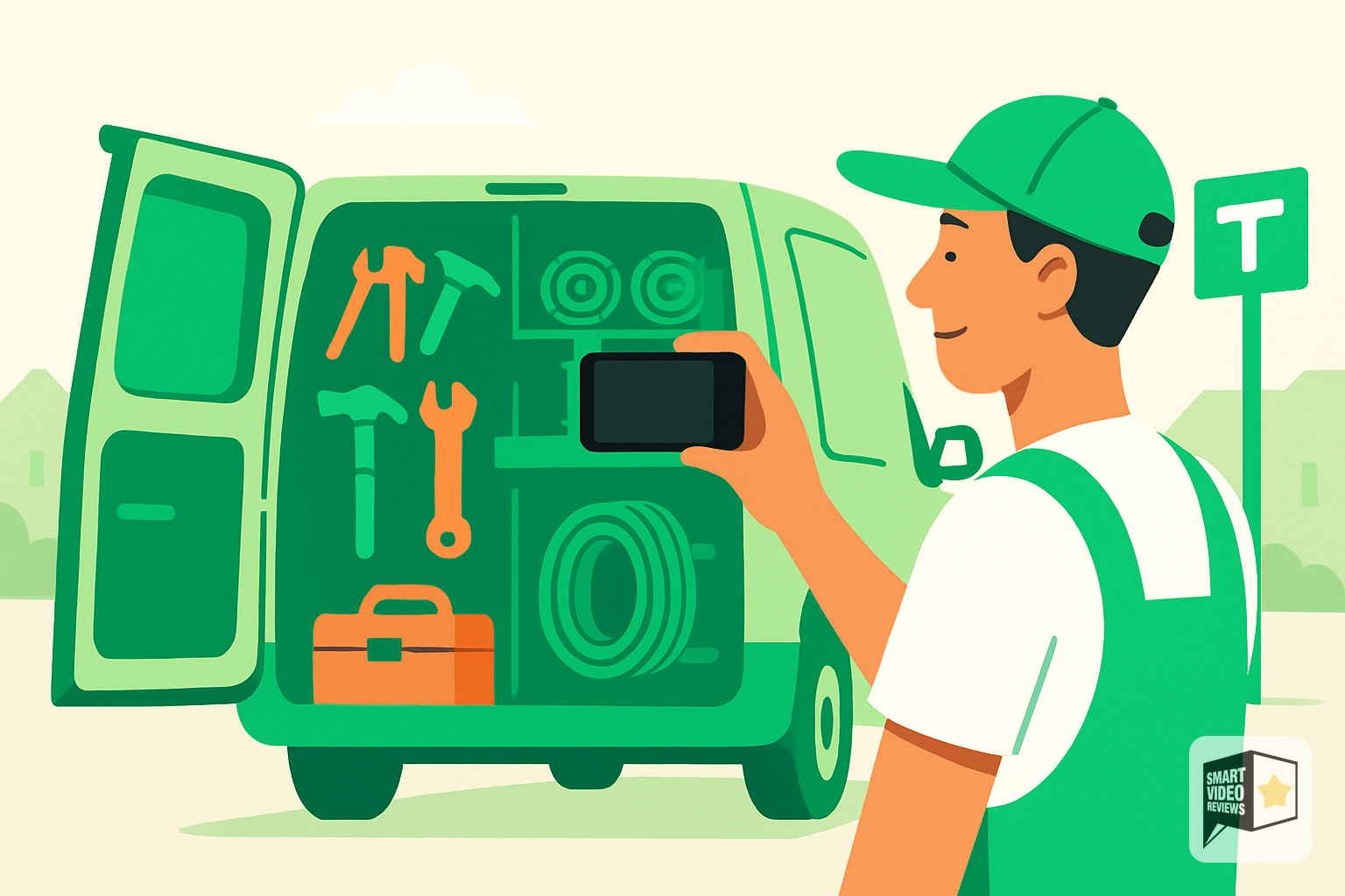 Person recording a video of a work van full of equipment for business verification