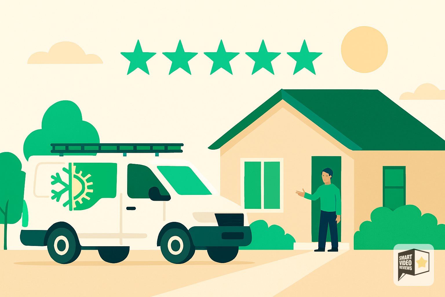 Home service van in driveway with homeowner and floating five-star review symbols