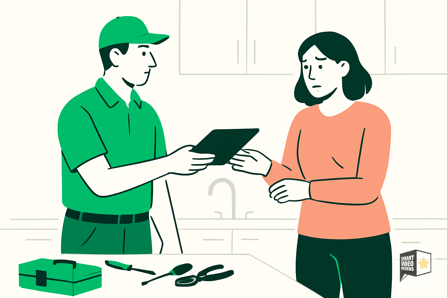 Technician handing tablet to reluctant homeowner asking for a review at home