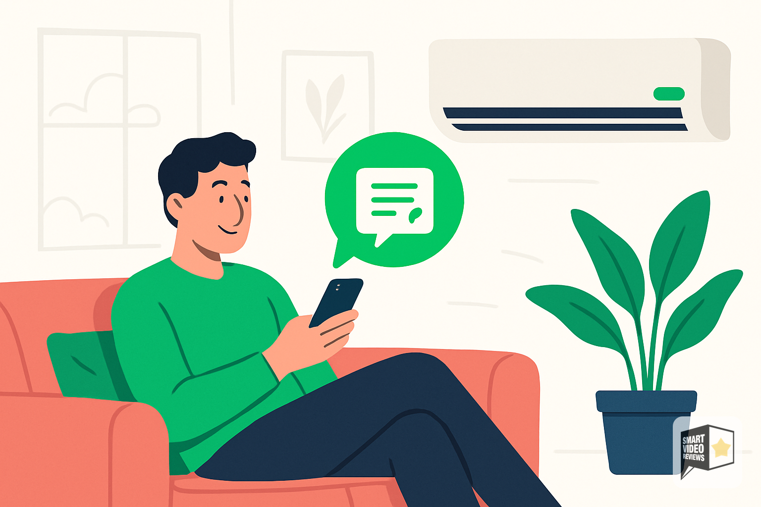 Homeowner reading a follow-up review request on phone in a bright living room