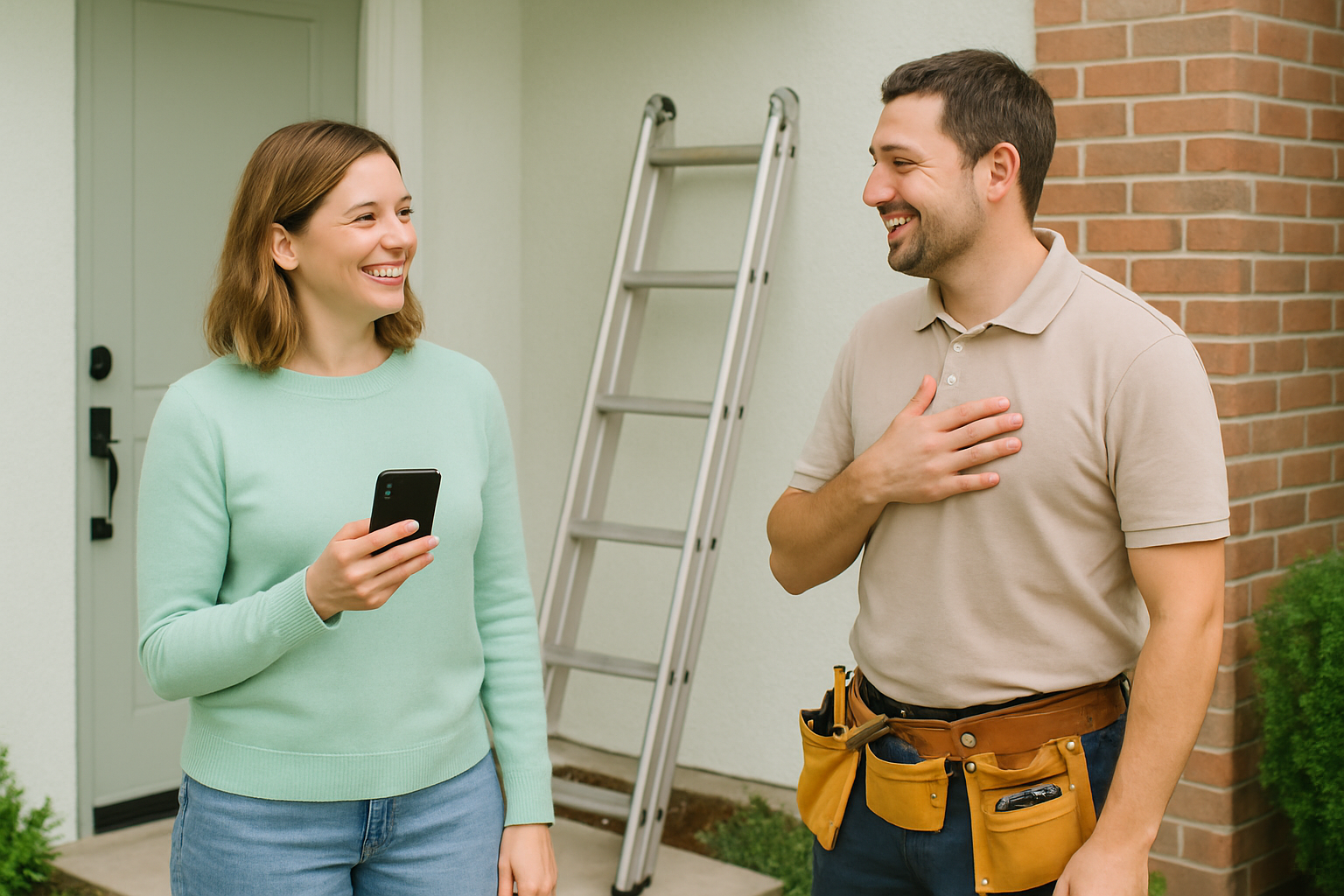 Happy customer holding a phone right after a completed local service job