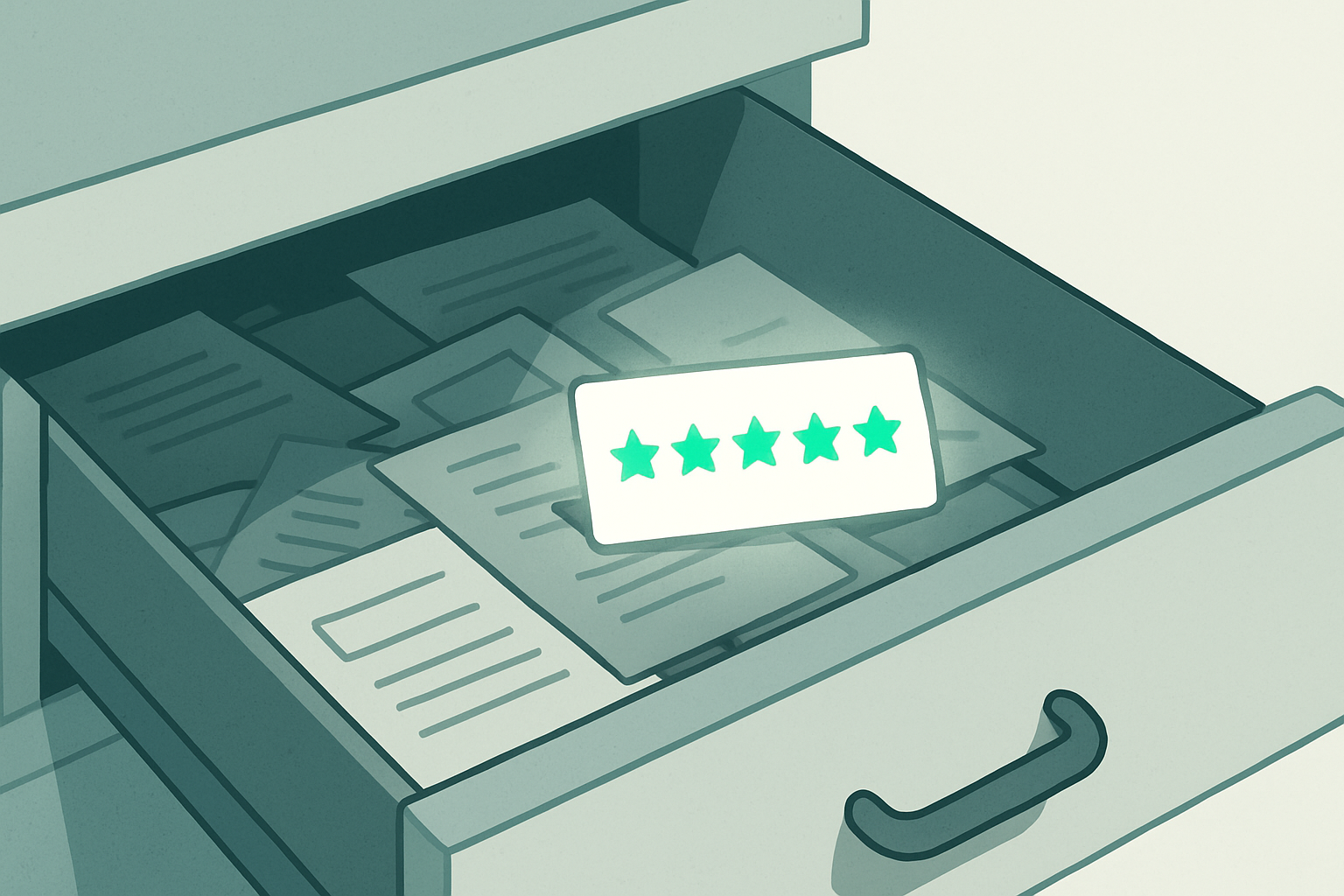 A glowing five-star review hidden inside a cluttered drawer, overlooked and unseen