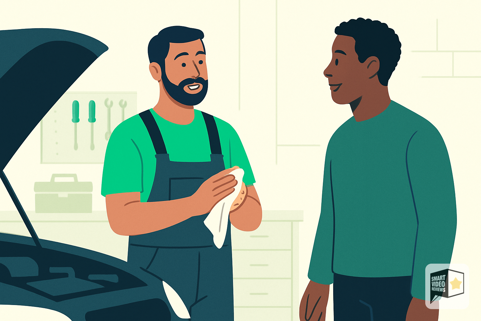 Auto mechanic explaining a car repair to a customer in a garage
