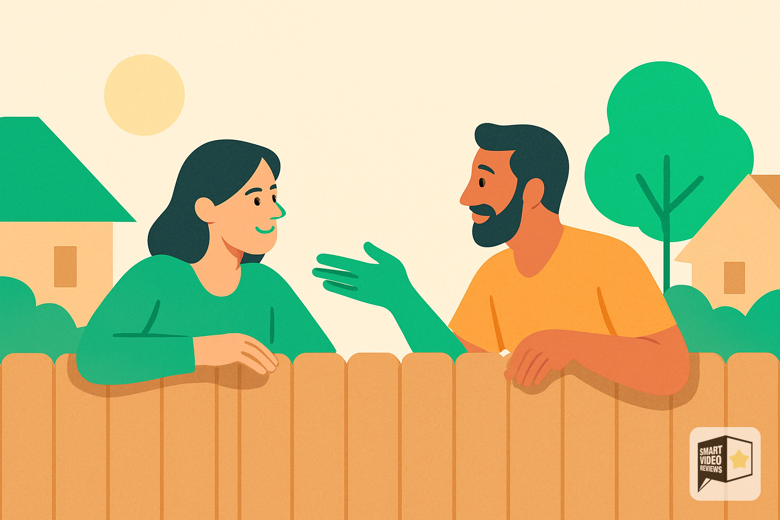Two neighbors chatting over a backyard fence sharing a recommendation