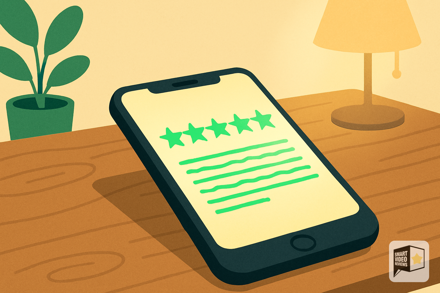 Smartphone displaying a five-star rating with a written customer review beneath it
