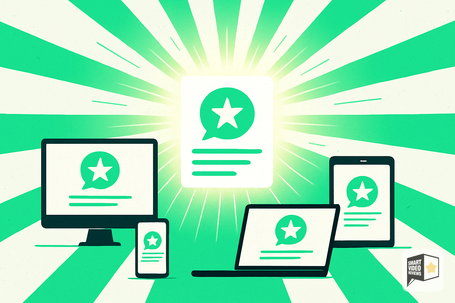 One customer review spreading outward to many screens and devices