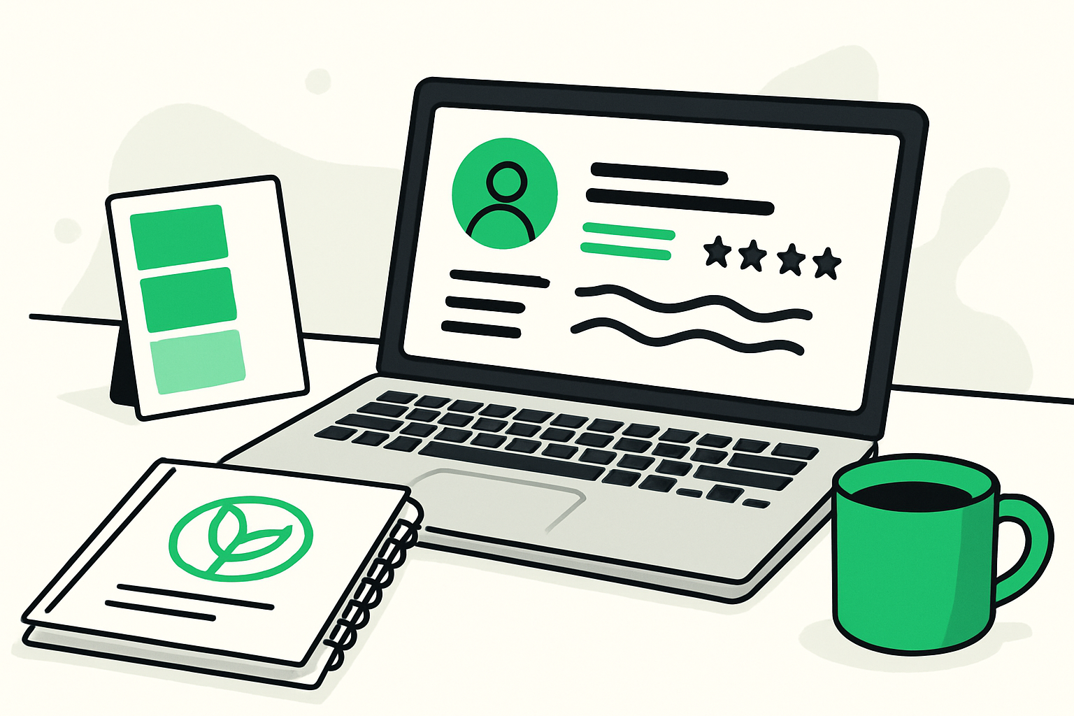 Desk with laptop, brand colors, and logo showing campaign preparation essentials