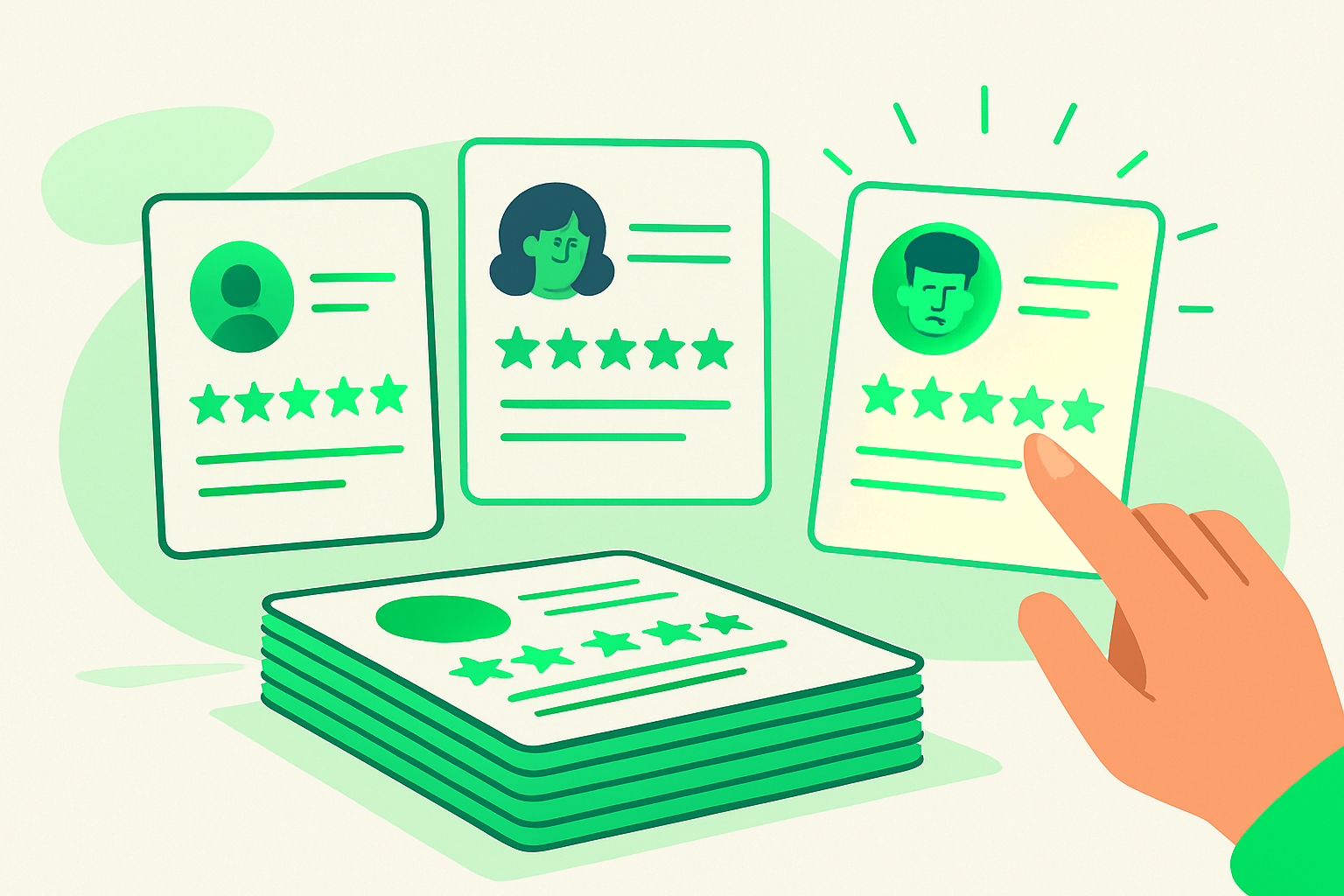 Hand selecting the strongest, most specific customer reviews from a stack