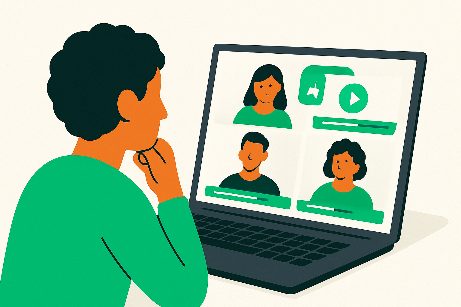 Person reviewing freshly generated branded video reviews on a laptop