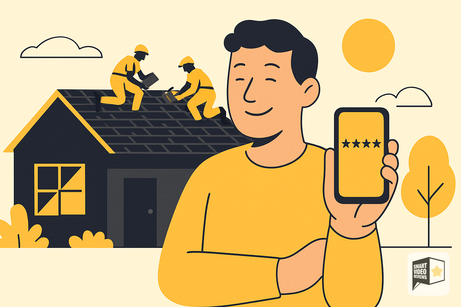 Homeowner viewing a five-star roofing review outside their house on a phone