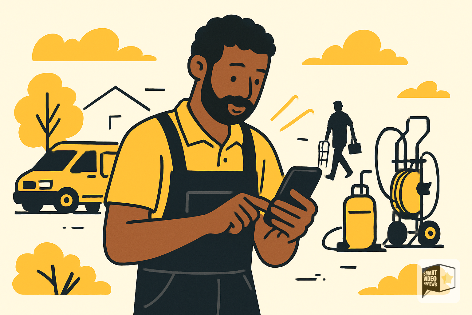 Busy home-service business owner managing crews and checking phone on job site