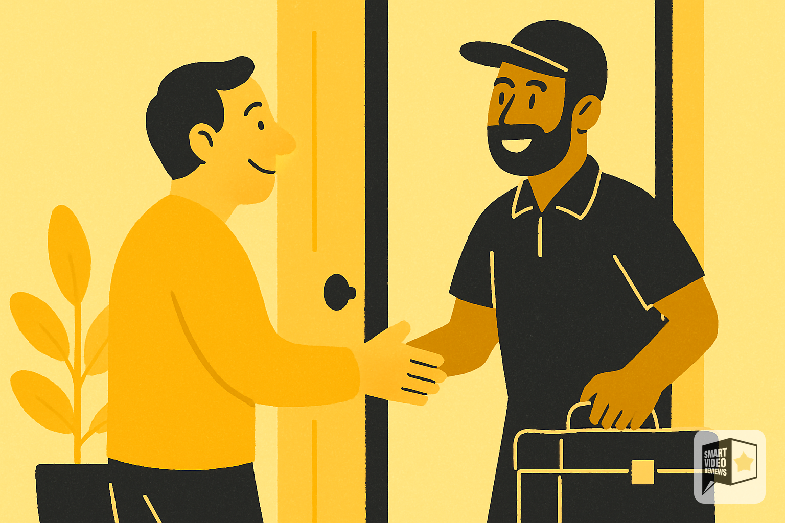 Service professional warmly greeting a homeowner at their front door