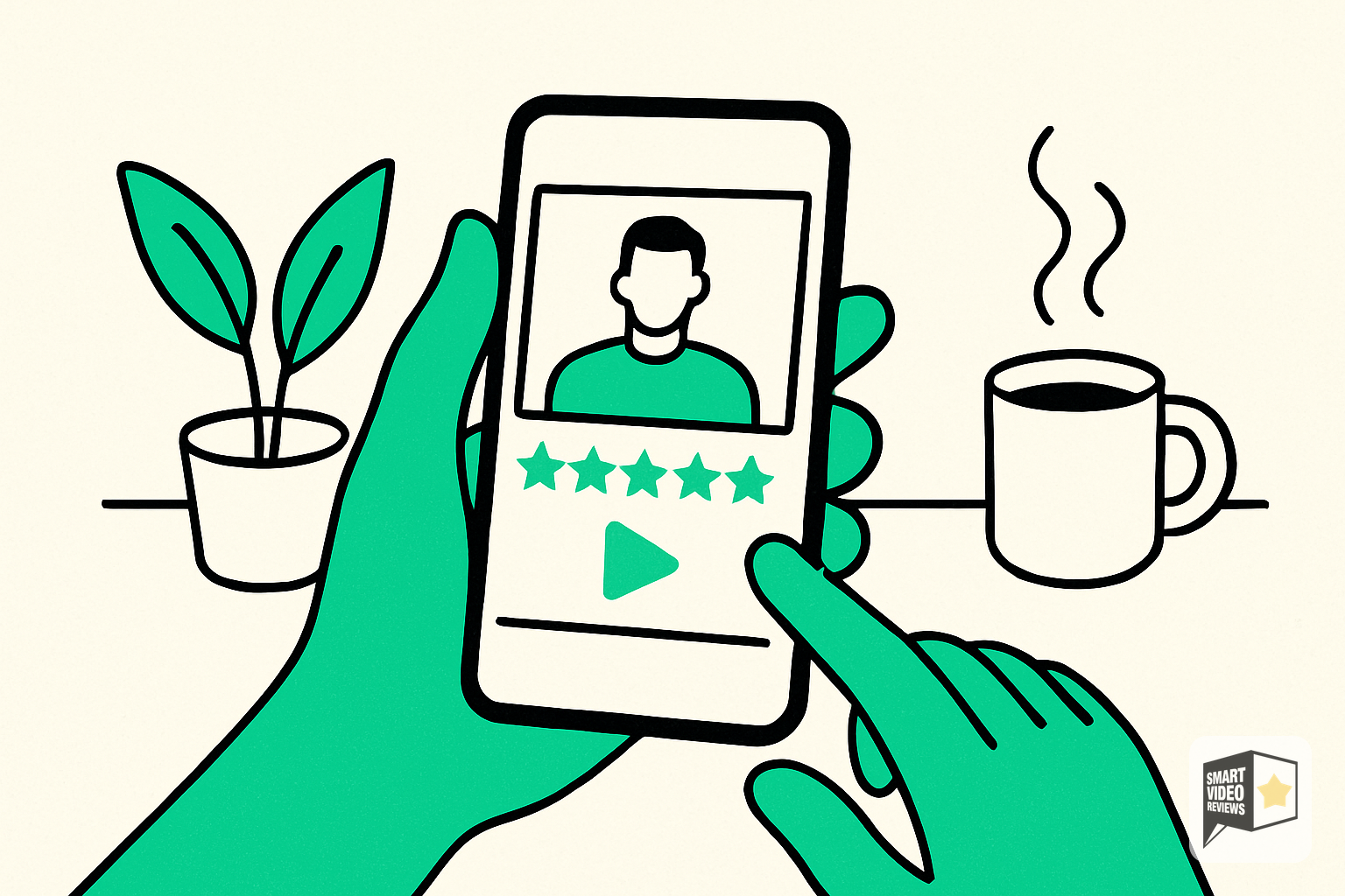 Smartphone playing a short branded review video with star rating while browsing