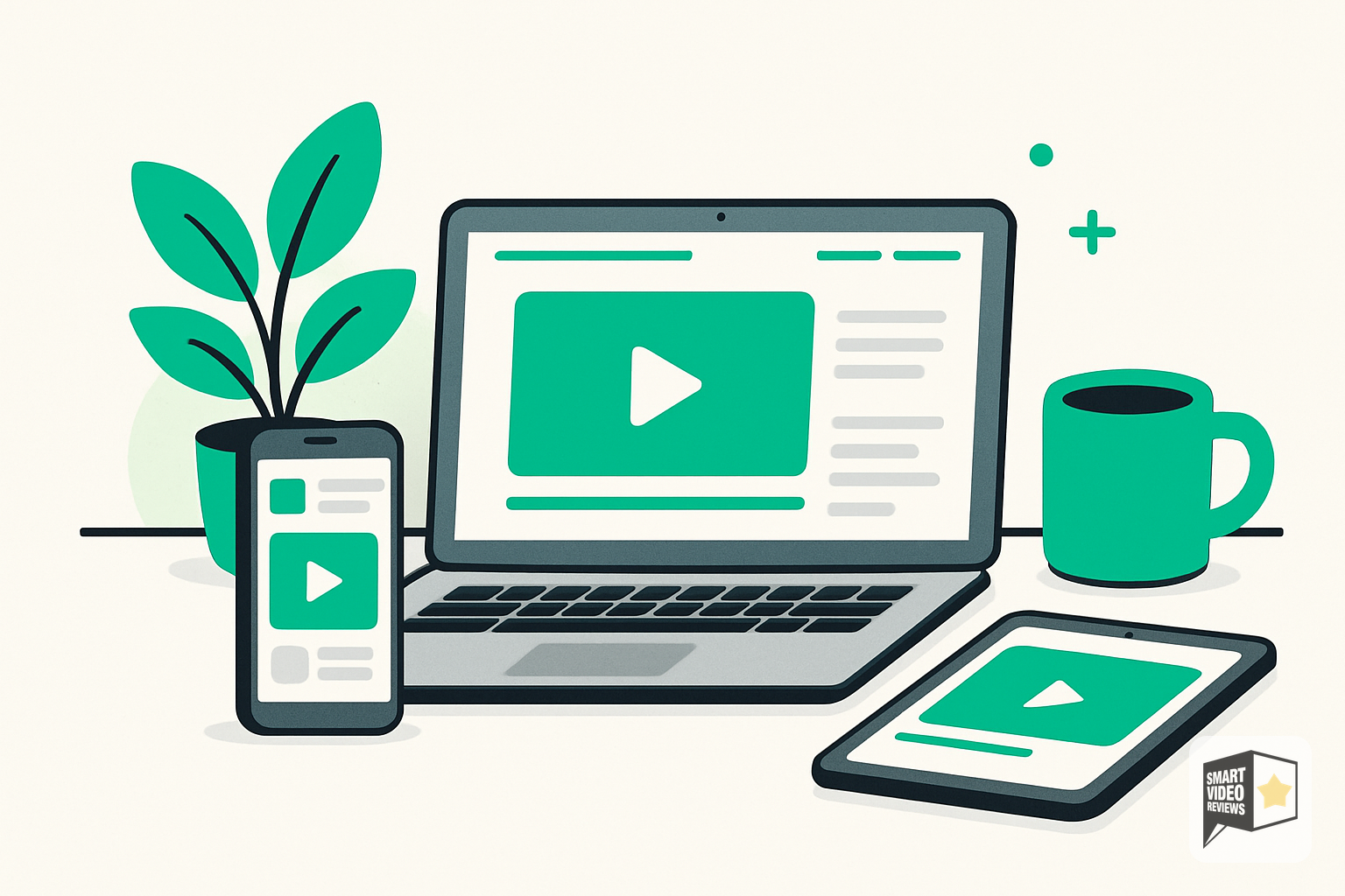 Laptop, phone, and tablet showing review videos placed across website and social channels