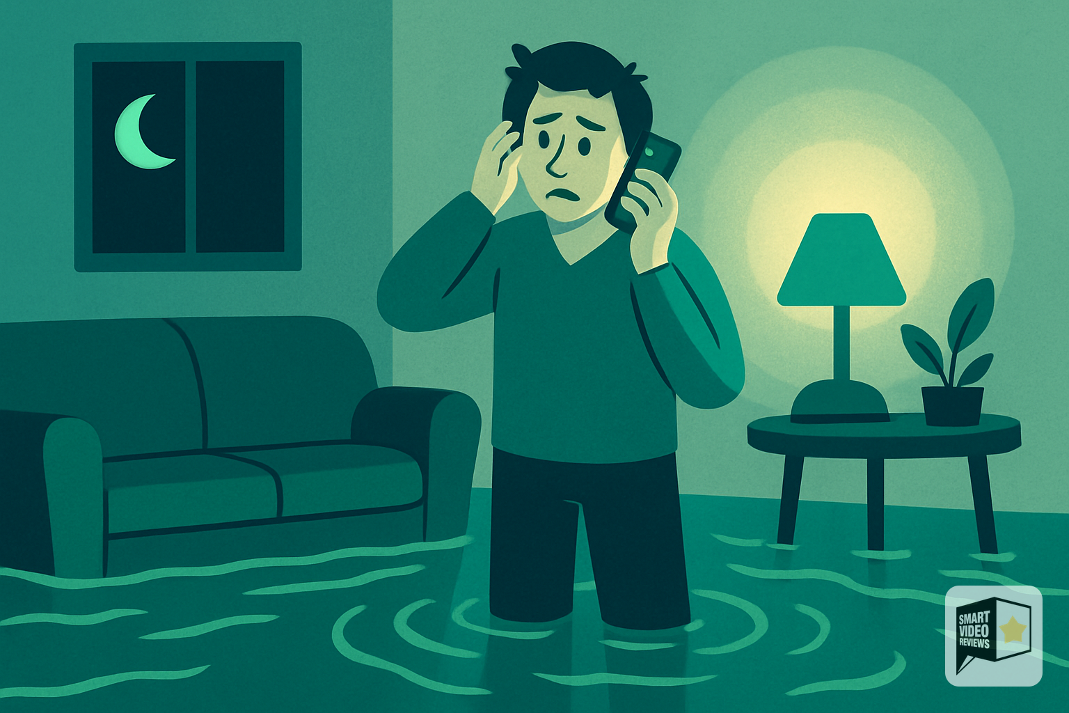 Homeowner in flooded living room using phone to search for water damage restoration help