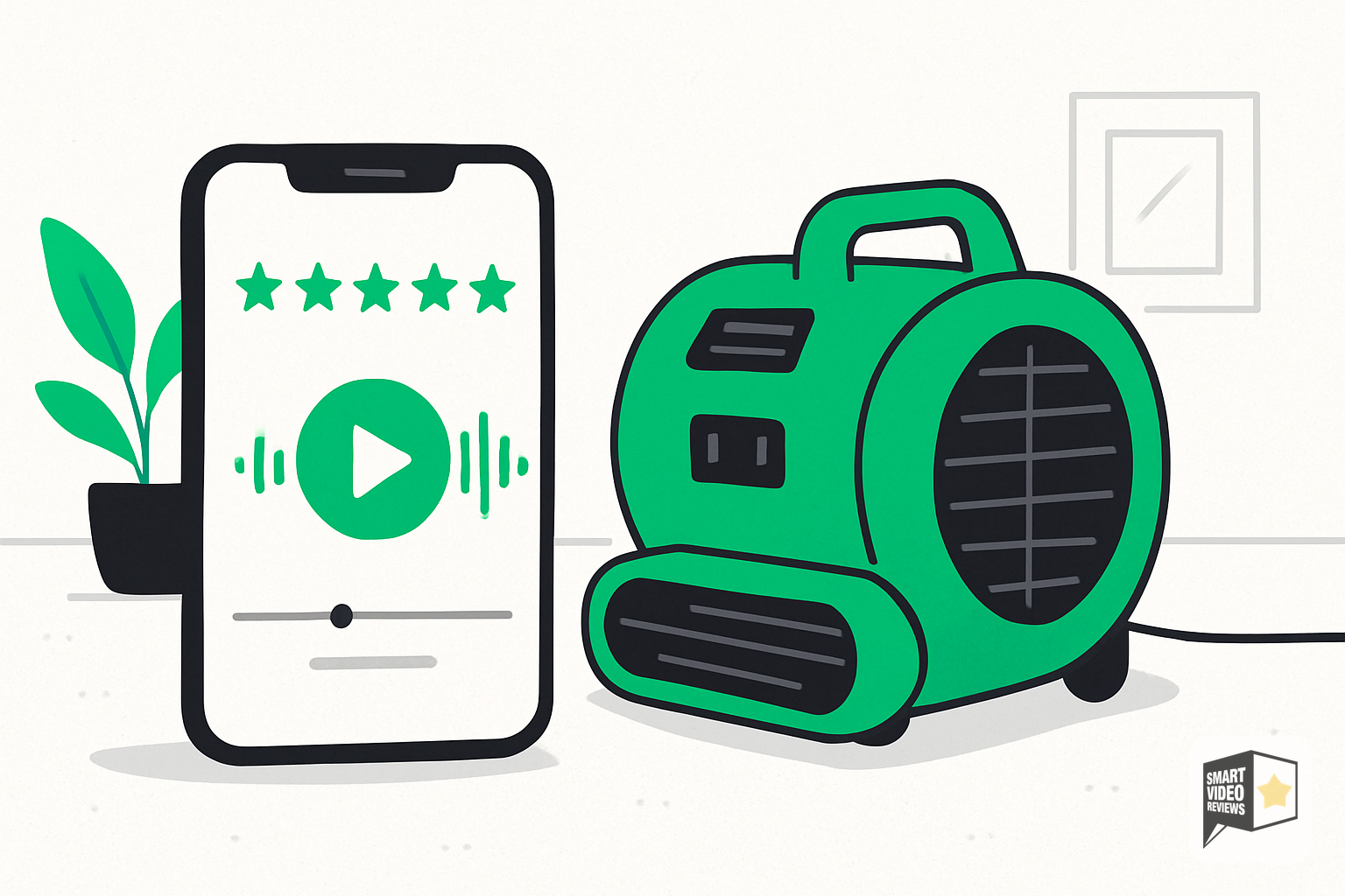 Phone playing a short branded video review beside restoration drying equipment