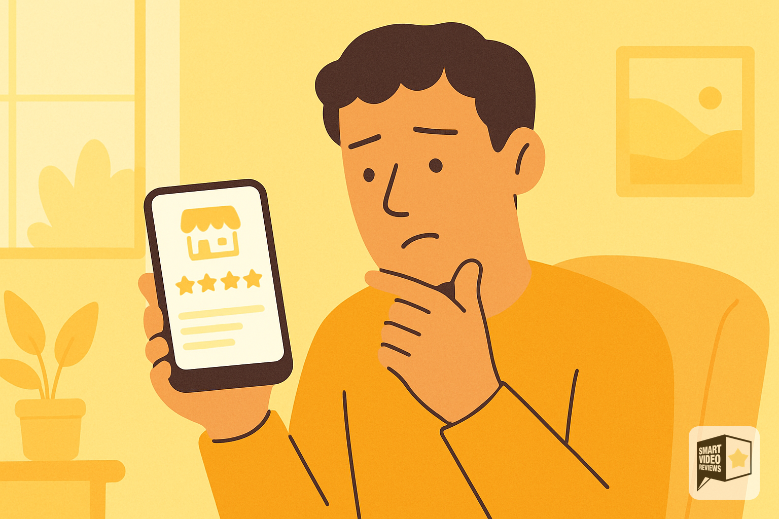 Person examining a business review rating on a phone with a doubtful expression