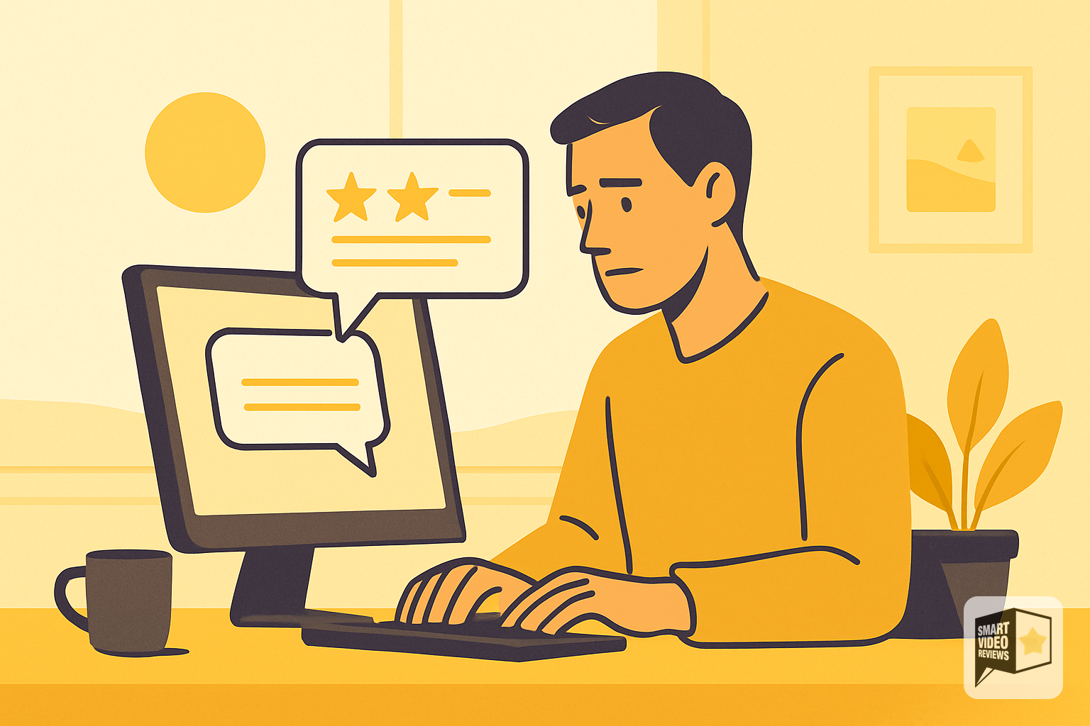 Business owner thoughtfully writing a response to a negative online review at a desk