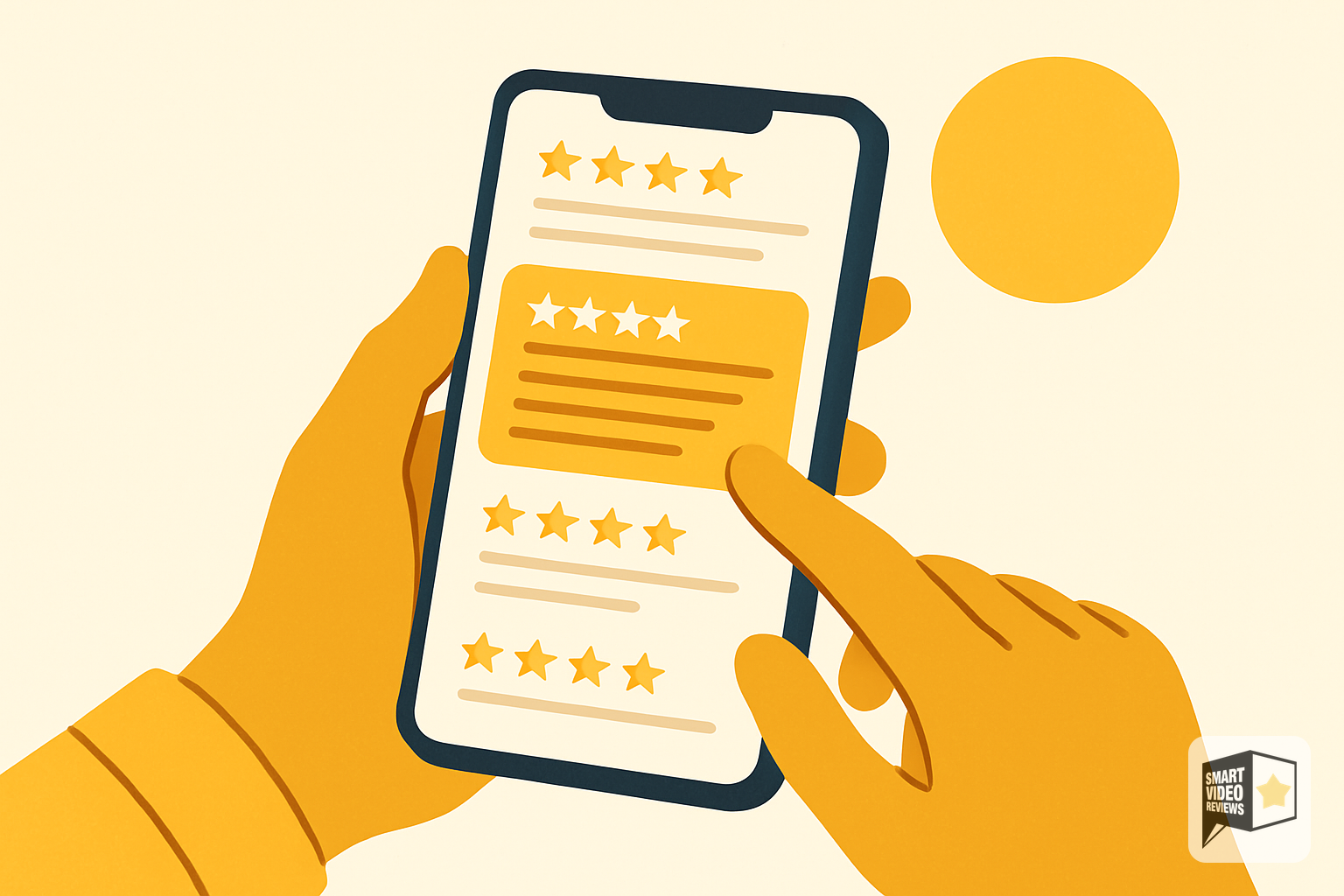 Hands scrolling through reviews on a phone searching for one with a detailed story