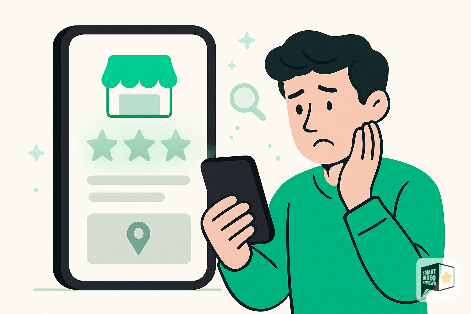 Phone showing empty business listing with star ratings fading away after suspension