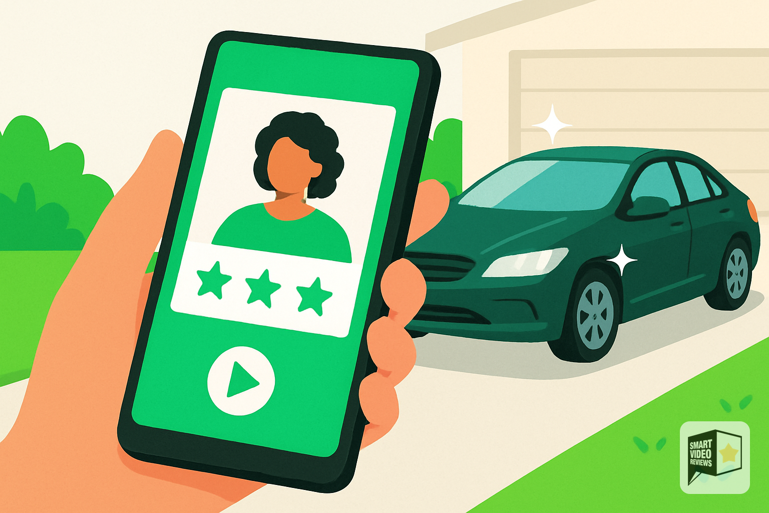 Smartphone playing a branded review video clip beside a freshly detailed car