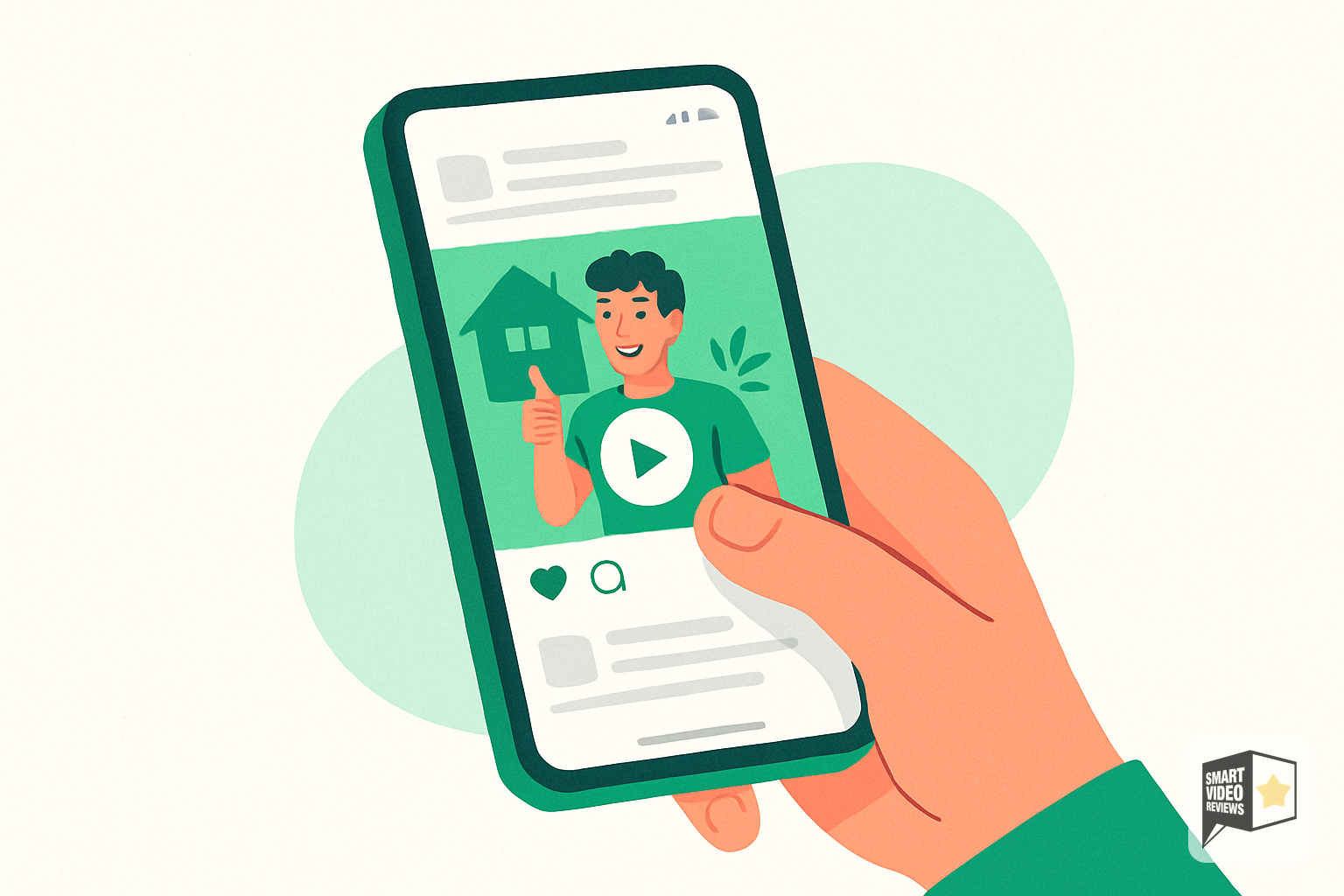 Hand scrolling social feed pausing on an engaging video review clip