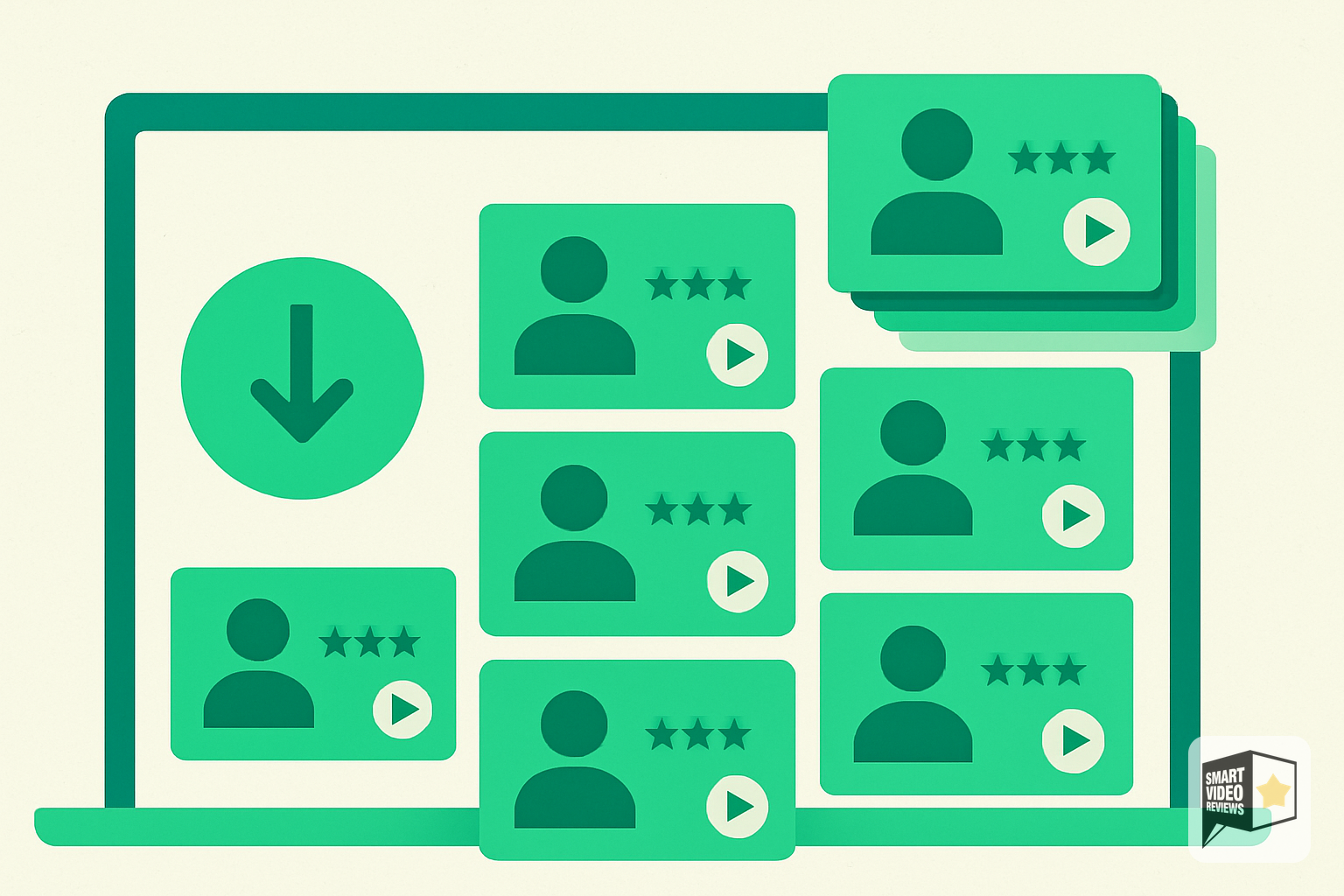 A growing library of saved branded video review files on a screen