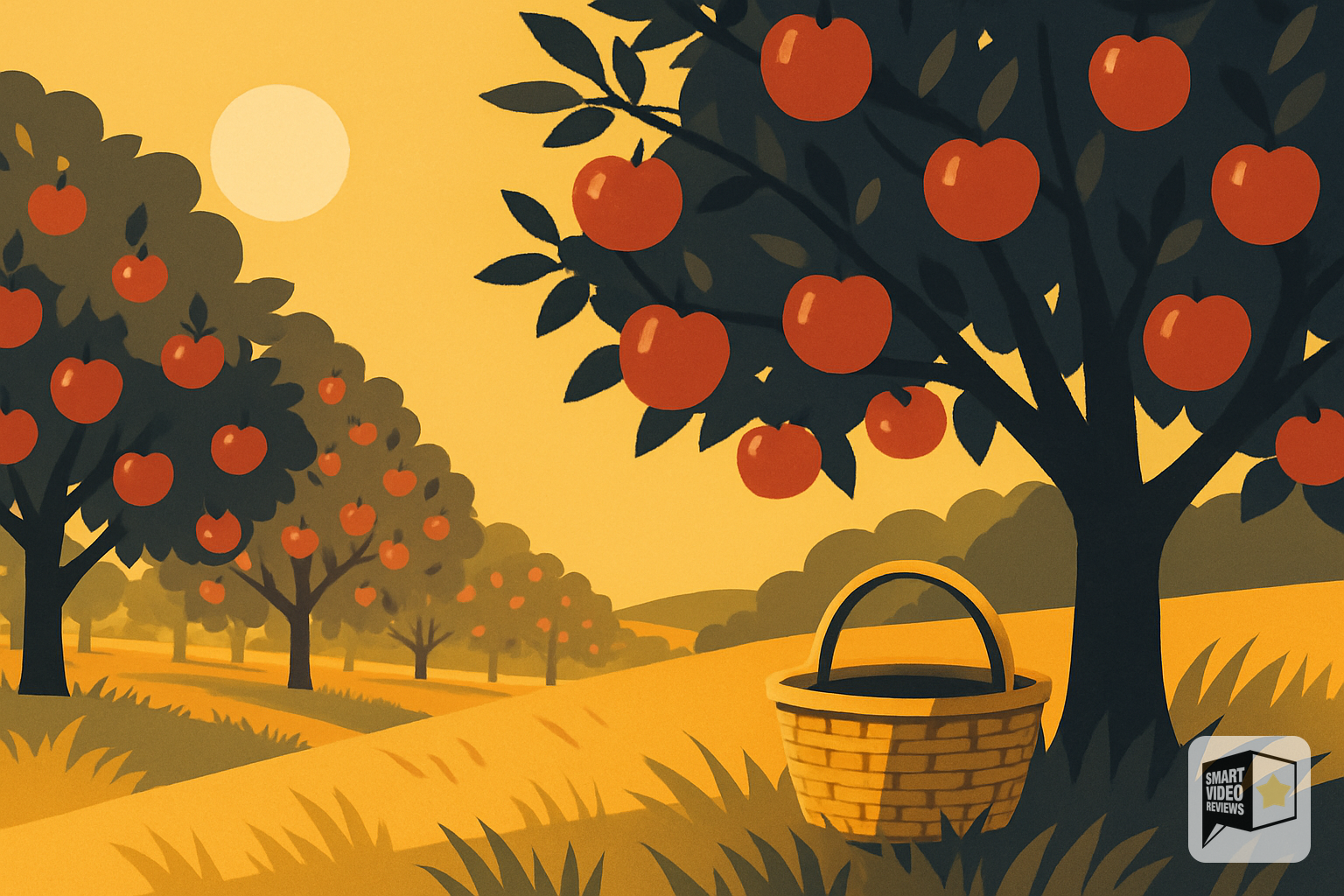 Sunlit apple orchard with ripe apples and an empty basket on the grass