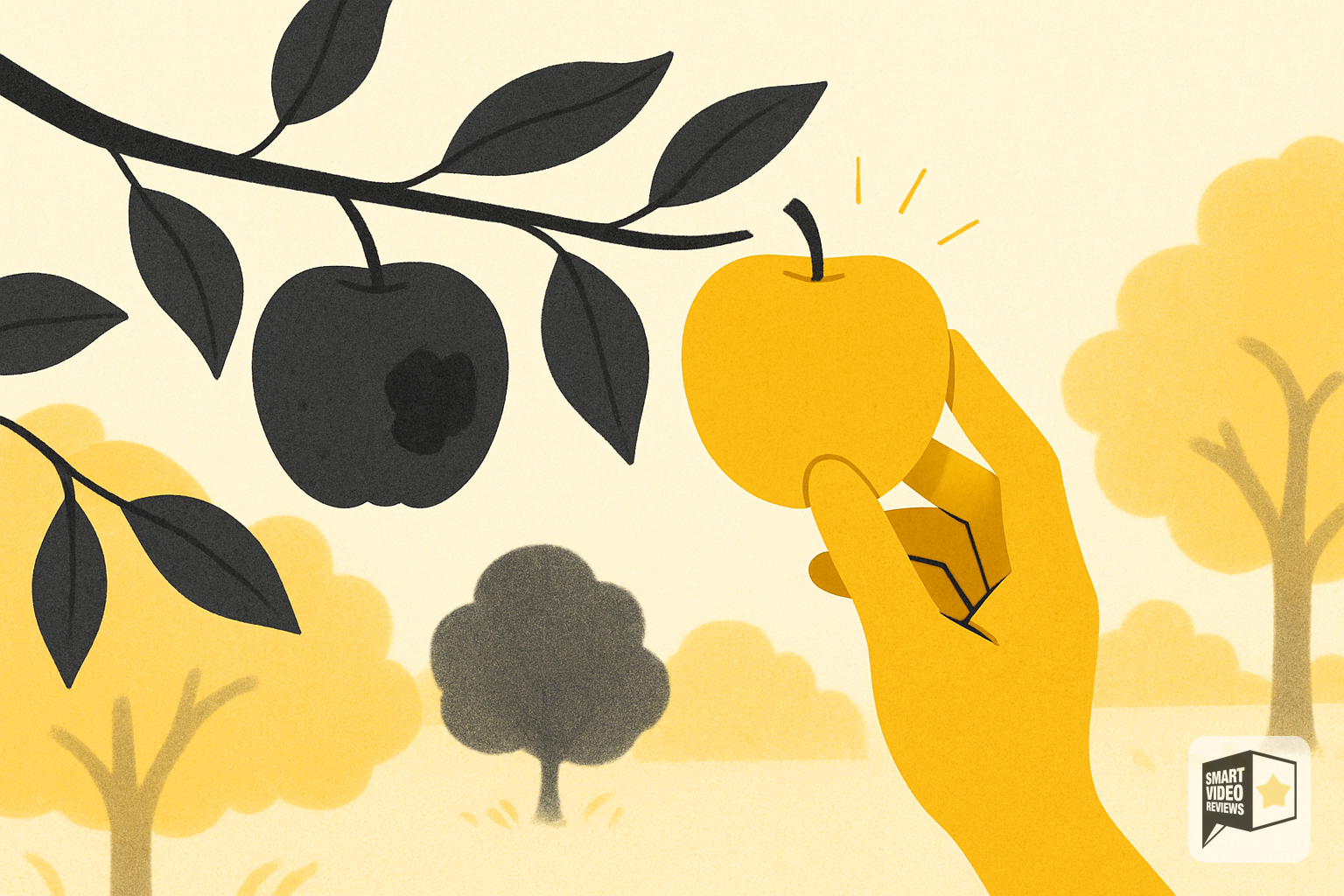 A hand selecting a perfect ripe apple while passing over a bruised one