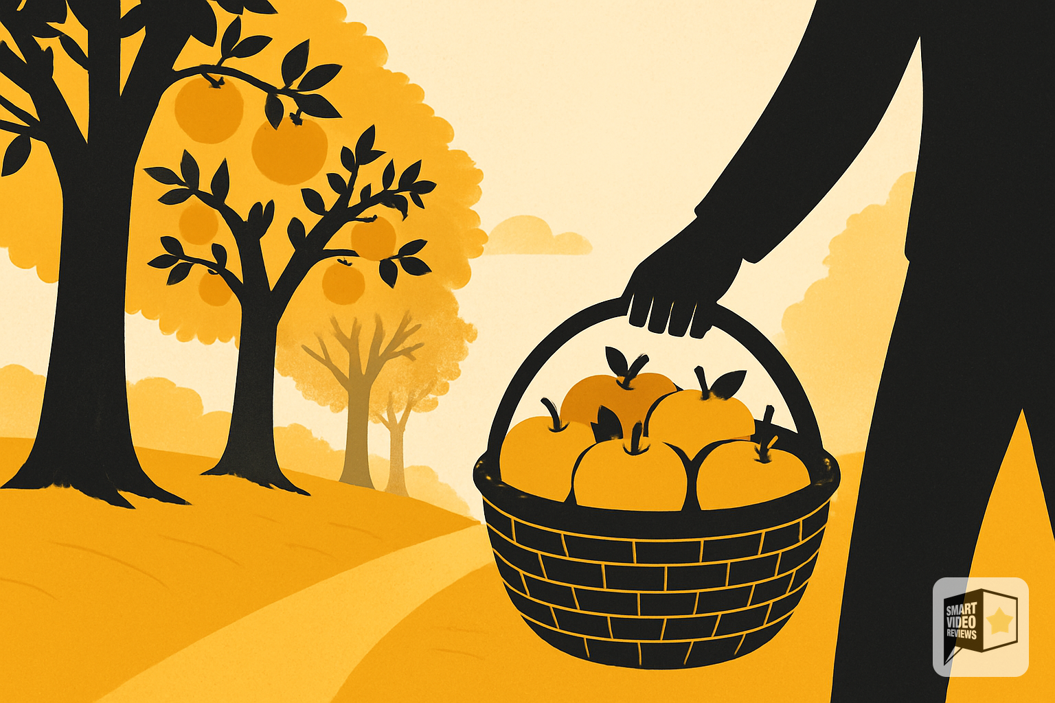 A basket of freshly picked apples being carried out of the orchard