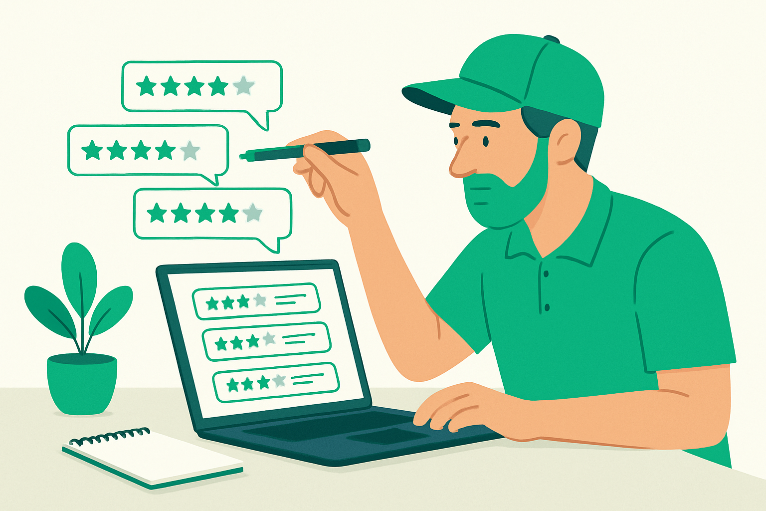 A roofing business owner reviewing and selecting standout customer testimonials on a laptop
