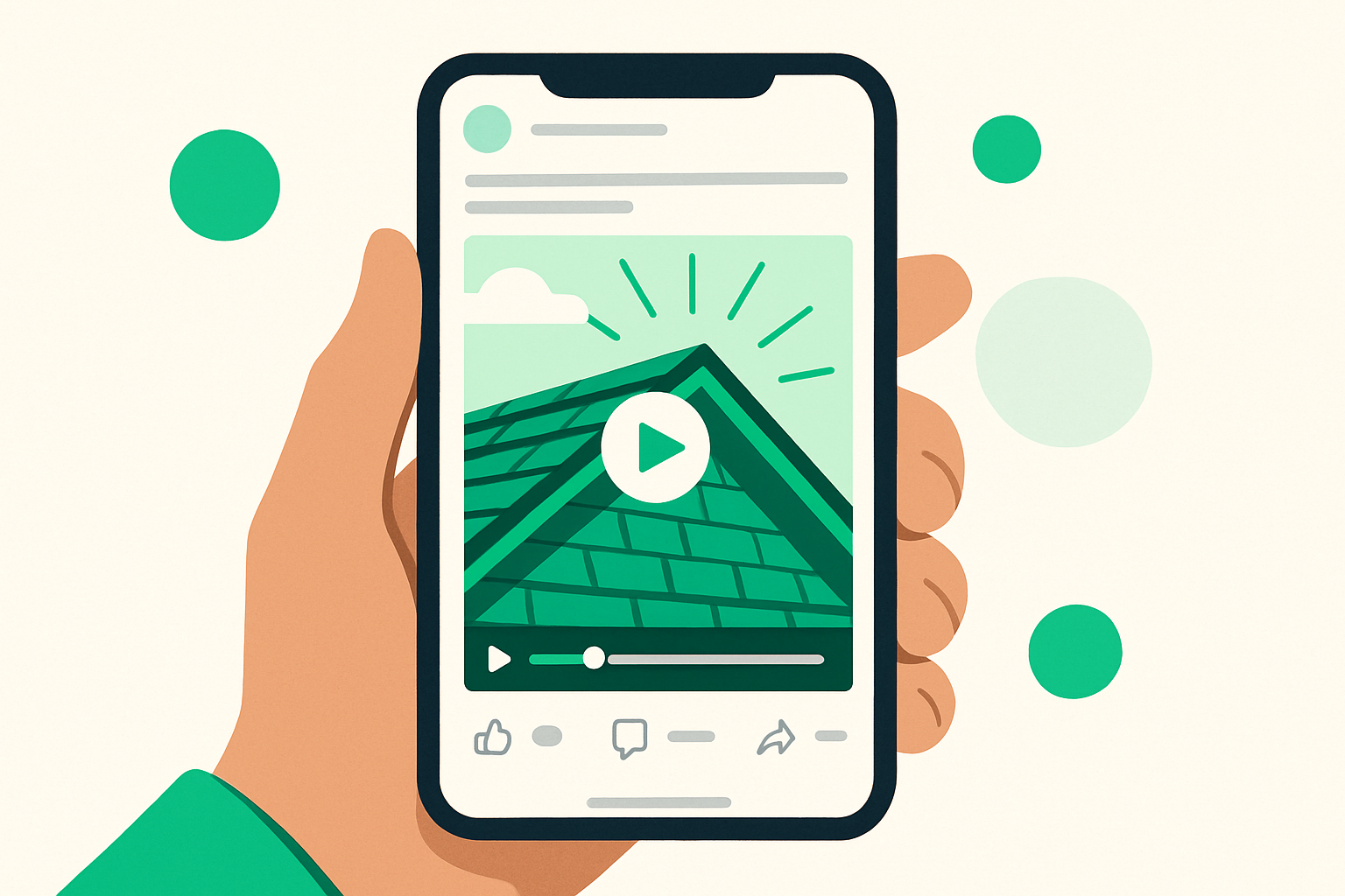 A smartphone playing a short branded video review of roofing work