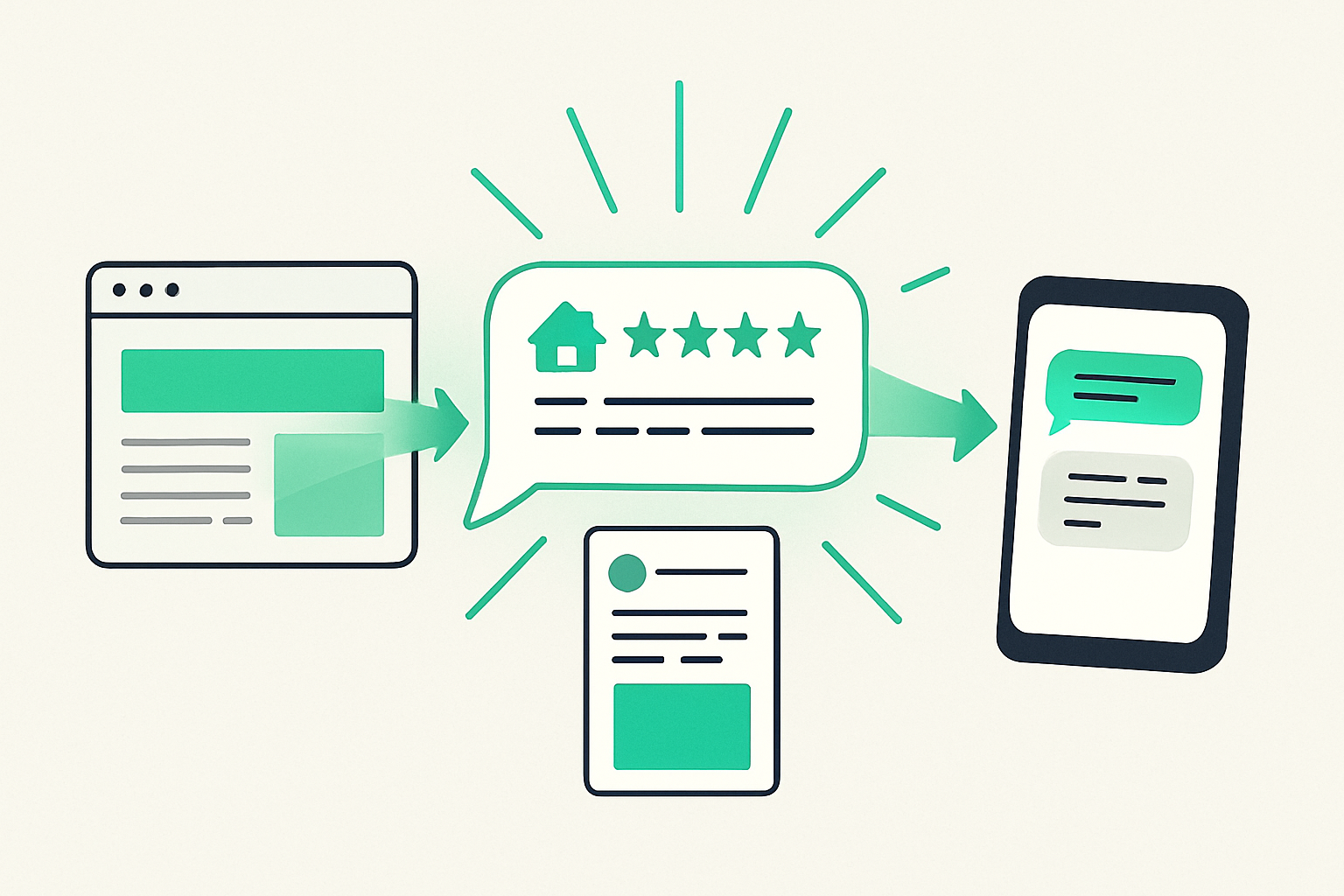 One roofing review shown appearing on a website, social feed, and phone message
