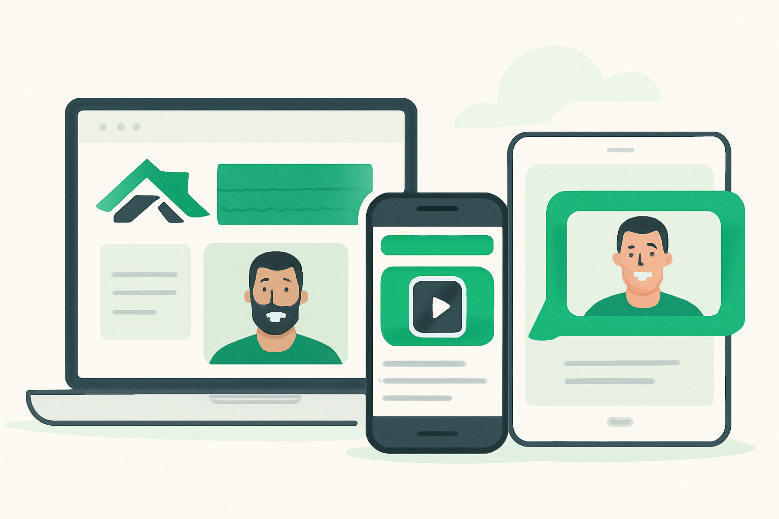 Multiple devices showing a roofing video review across website, social media, and messages