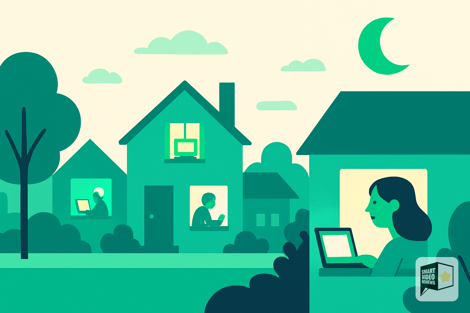 Multiple homes at dusk each showing the same message on separate screens