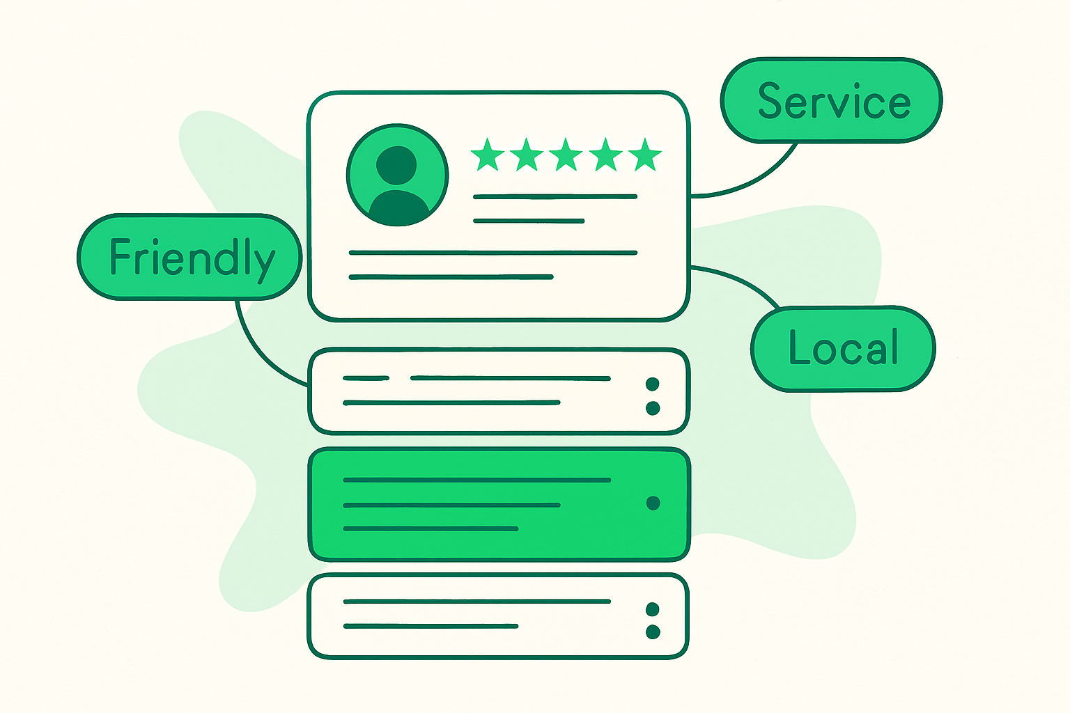 Review snippets and keyword themes being sorted and highlighted on a business profile